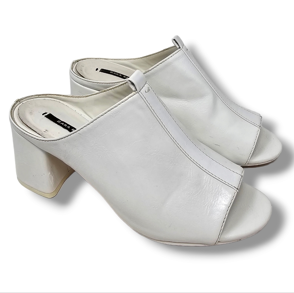 Zara White Mules Chunky Block Heel Womens Size 36 US 6 Slip On Y2K